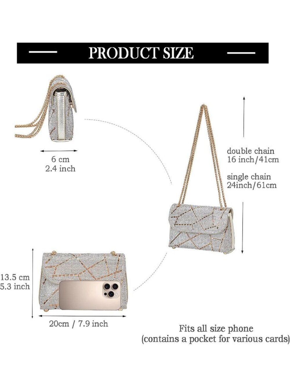 〽️Women Gold Crystals Rhinestone Evening Clutch Shoulder Crossbody Handbags - Picture 6 of 6